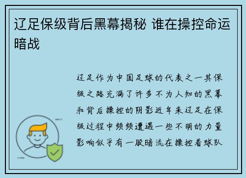 辽足保级背后黑幕揭秘 谁在操控命运暗战